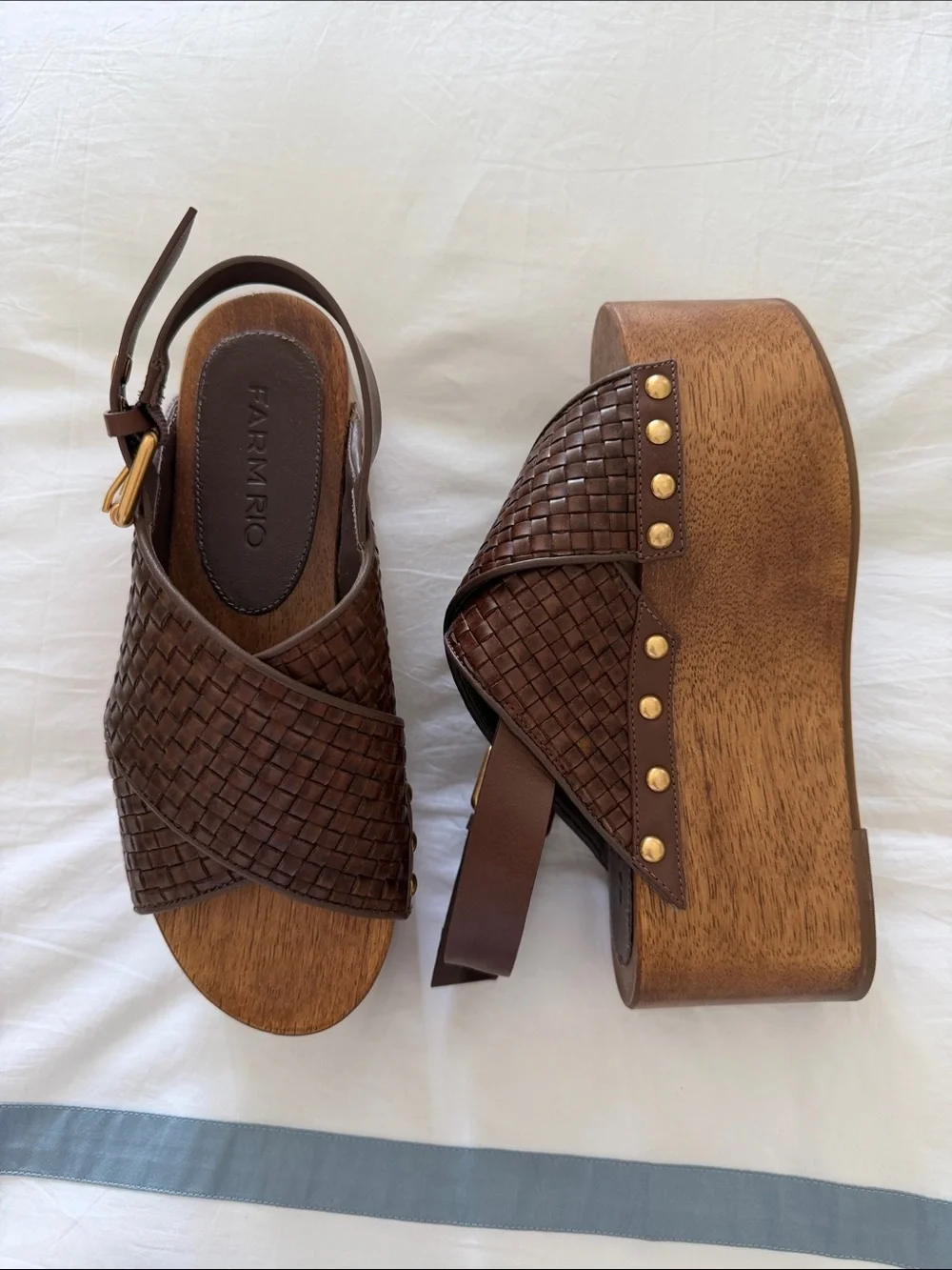 FARM Rio Brown Woven Leather Platform Sandals